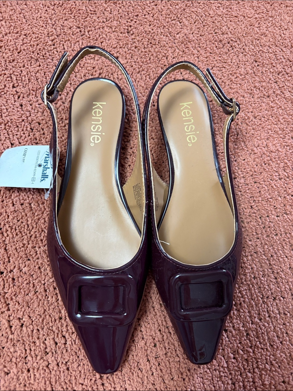 Kensie Burgundy Patent Pointed Slingback Flats with Buckle Accent